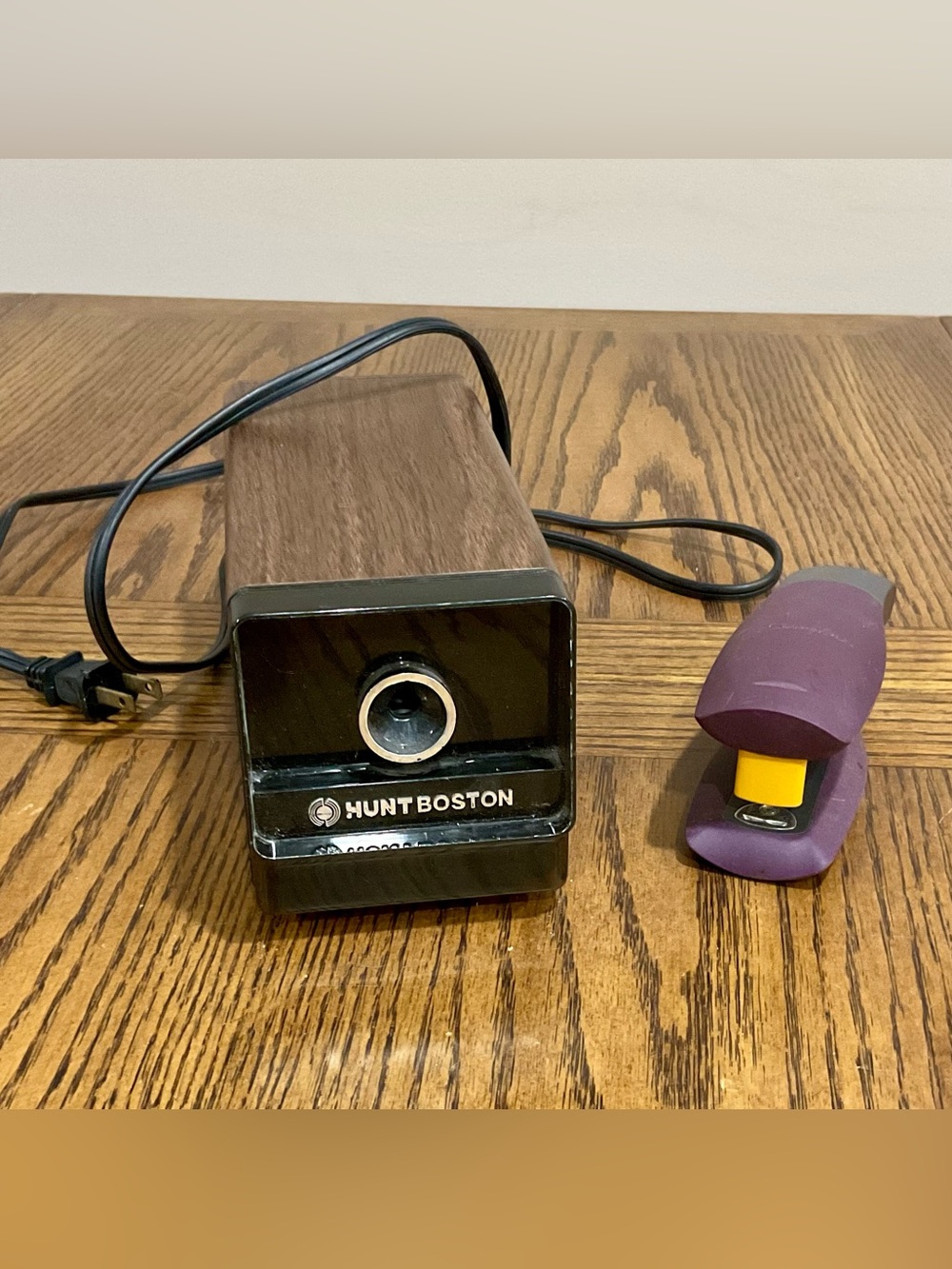 Electric Pencil Sharpener - Black with Woodgrain & Purple & Black Stapler